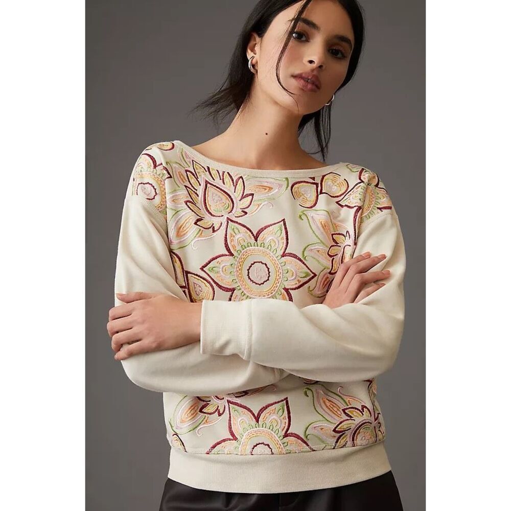 Anthropologie Tiny Helena Embroidered Pullover in Cream Small